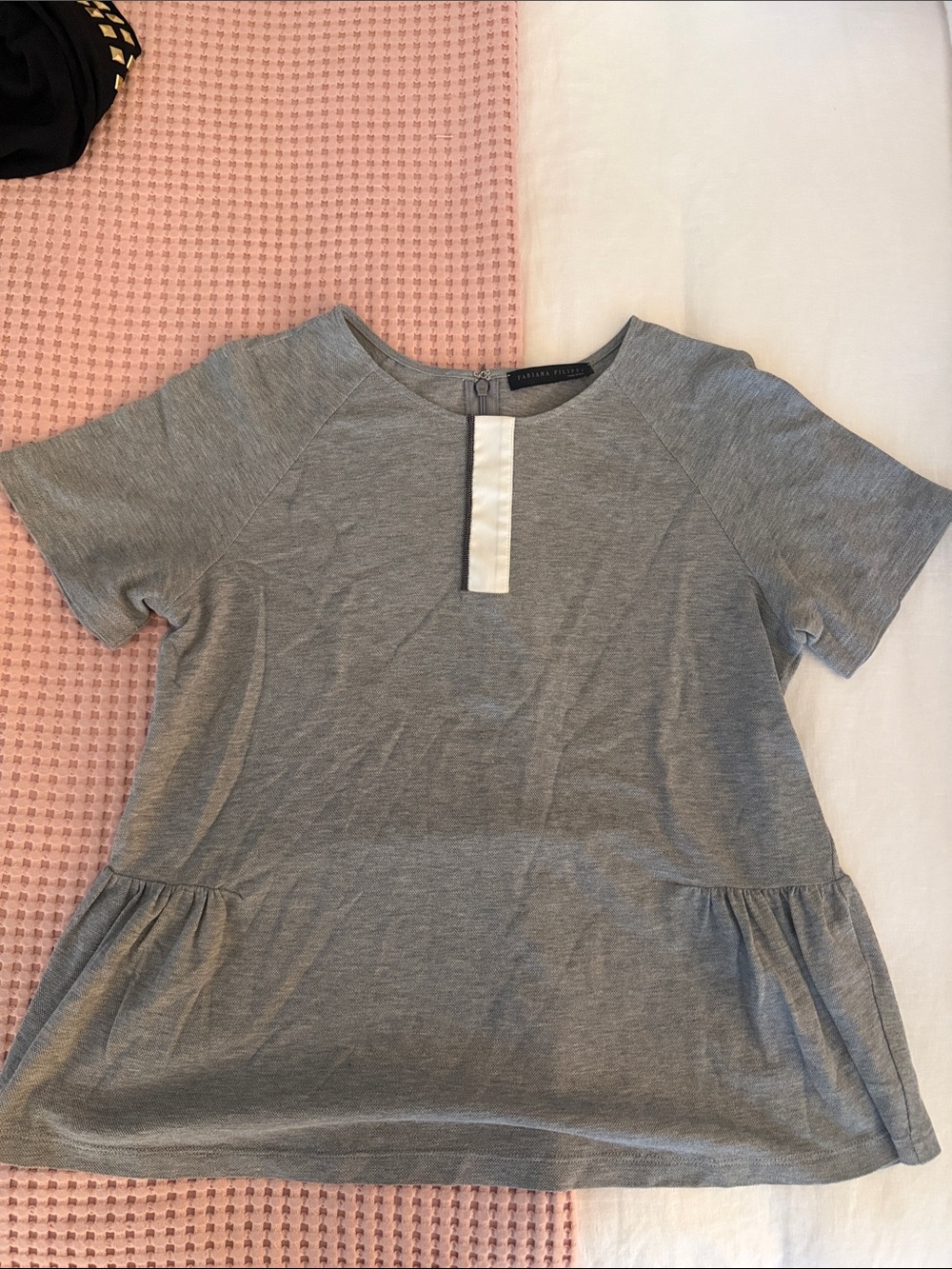 Fabiana Filippi Cotton Gray Peplum Hem Tee with Front Detailing